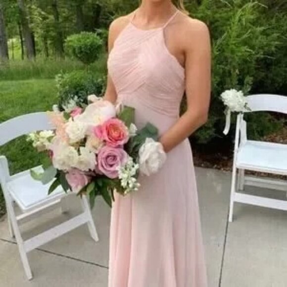 Bill Levkoff Shell Pink Chiffon Halter Dress 7001 Size 12 NWOT - Picture 1 of 8